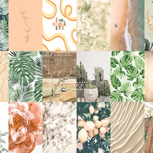 May include: A collage of 16 images featuring various nature-inspired designs. The images include tropical leaves, cacti, flowers, and beach scenes. The overall theme is a calming and relaxing aesthetic.