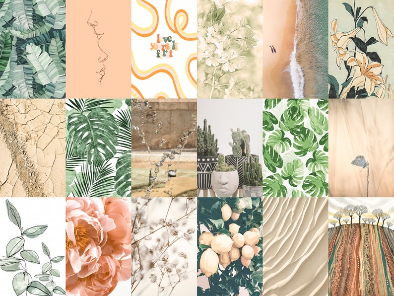 May include: A collage of 16 images featuring various nature-inspired designs. The images include tropical leaves, cacti, flowers, and beach scenes. The overall theme is a calming and relaxing aesthetic.