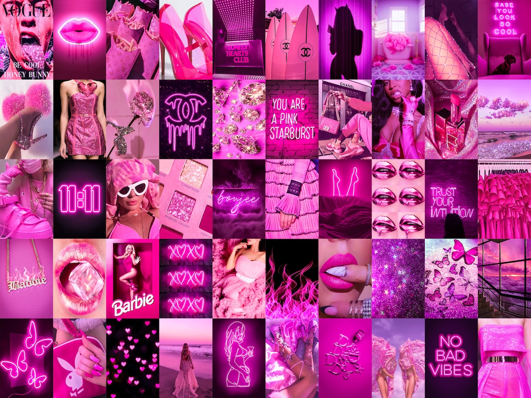 PRINTED Boujee Pink Neon Photo Collage Kit Hot Pink Aesthetic Baddie ...