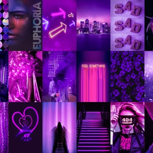 May include: A purple aesthetic mood board with images of neon lights, cityscapes, glitter, flowers, and text that says "Euphoria" and "Feel Something".