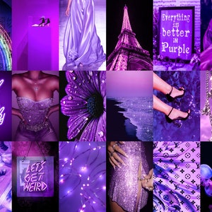 May include: A purple aesthetic mood board with images of a purple dress, Eiffel Tower, flowers, a beach, eyelashes, a neon sign that says "Let's Get Weird", and a purple background with the text "Everything is better in Purple".