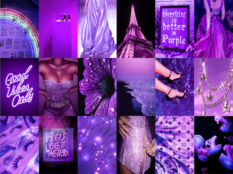 May include: A purple aesthetic mood board with images of a purple dress, Eiffel Tower, flowers, a beach, eyelashes, a neon sign that says "Let's Get Weird", and a purple background with the text "Everything is better in Purple".
