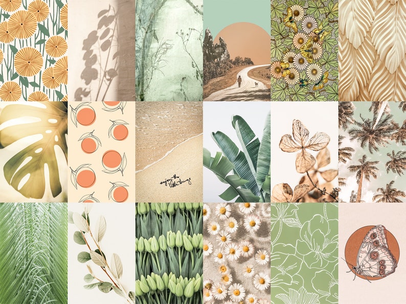 May include: A collage of 12 images featuring various nature-inspired designs. The images include patterns of flowers, leaves, and butterflies, as well as abstract designs with a green and brown color scheme.