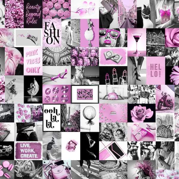 70 PCS Black and White Pink Aesthetic Photo Collage Kit Room Décor Wall Collage Fashion Dorm Décor Wall Art Teen Room (DIGITAL DOWNLOAD)