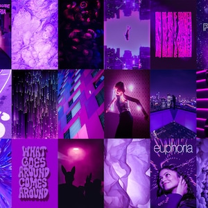 May include: A purple aesthetic mood board with images of a city skyline, a person falling, a running track, a purple galaxy, a person in a purple outfit, a purple room, a purple abstract design, and the text "You are the cause of my euphoria", "I purple you", "What goes around comes around", and "euphoria".