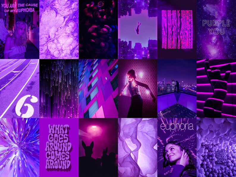 May include: A purple aesthetic mood board with images of a city skyline, a person falling, a running track, a purple galaxy, a person in a purple outfit, a purple room, a purple abstract design, and the text "You are the cause of my euphoria", "I purple you", "What goes around comes around", and "euphoria".