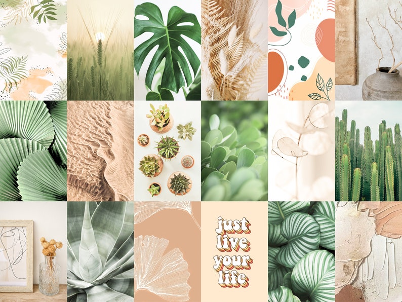 May include: A collage of 12 images featuring various plants and nature-inspired designs. The images include green leaves, cacti, succulents, sand dunes, and abstract patterns in shades of green, brown, and beige. The text "just live your life" is featured in a retro font.