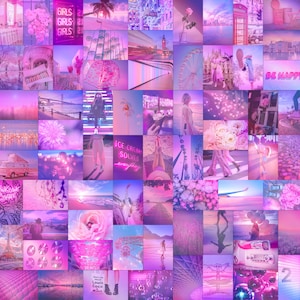 Op de afbeelding: Een roze en paarse collage in esthetische stijl met afbeeldingen van bloemen, stadsgezichten en mensen. De collage bevat tekst zoals "Girls Girls Girls", "Ice Cream Solves Everything" en "Be Happy".