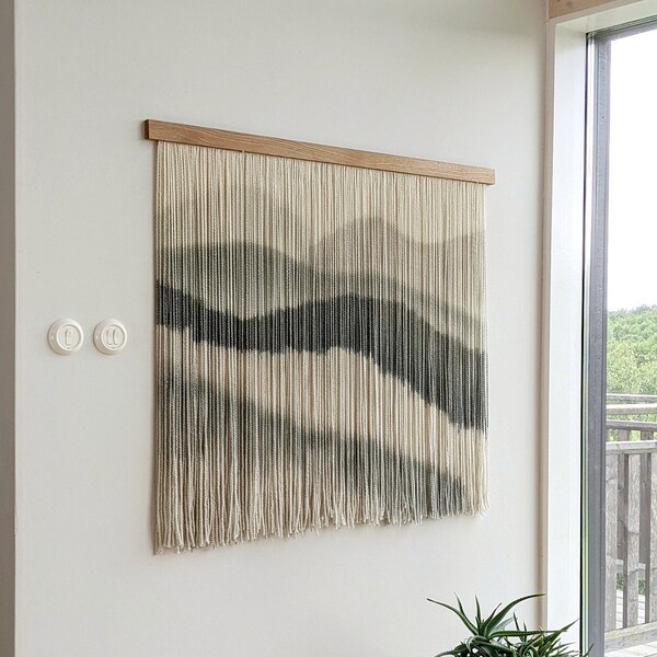 Dip dyed artwork, abstract mountain yarn art, fiber wall hanging, contemporary wall art, hand dyed tapestry, yarn decor, neutral decoration