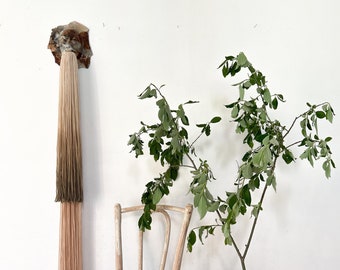 May include: A white painted wooden chair with a light brown wooden seat sits next to a brown ceramic vase with a green leafy plant. A wall hanging with a brown and beige woven tassel hangs on the white wall behind the chair.