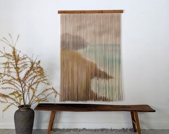 Natural tapestry, high dip dye wall hanging, yarn art, Gold yarn decor, Coastal fiber art, apartment Warming, interior Decoration