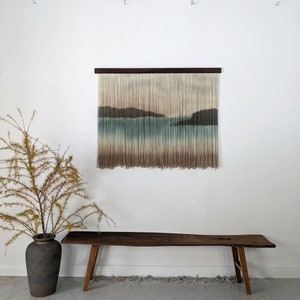 Dip dyed artwork, abstract mountain yarn art, fiber wall hanging, contemporary wall art, hand dyed tapestry, yarn decor, neutral decoration image 1