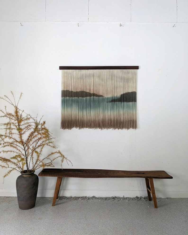 Dip dyed artwork, abstract mountain yarn art, fiber wall hanging, contemporary wall art, hand dyed tapestry, yarn decor, neutral decoration image 1