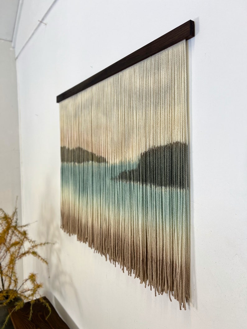 Dip dyed artwork, abstract mountain yarn art, fiber wall hanging, contemporary wall art, hand dyed tapestry, yarn decor, neutral decoration image 4