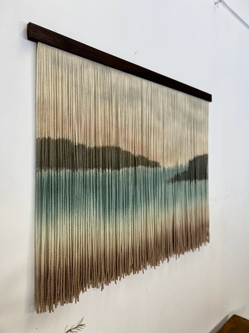 Dip dyed artwork, abstract mountain yarn art, fiber wall hanging, contemporary wall art, hand dyed tapestry, yarn decor, neutral decoration image 3