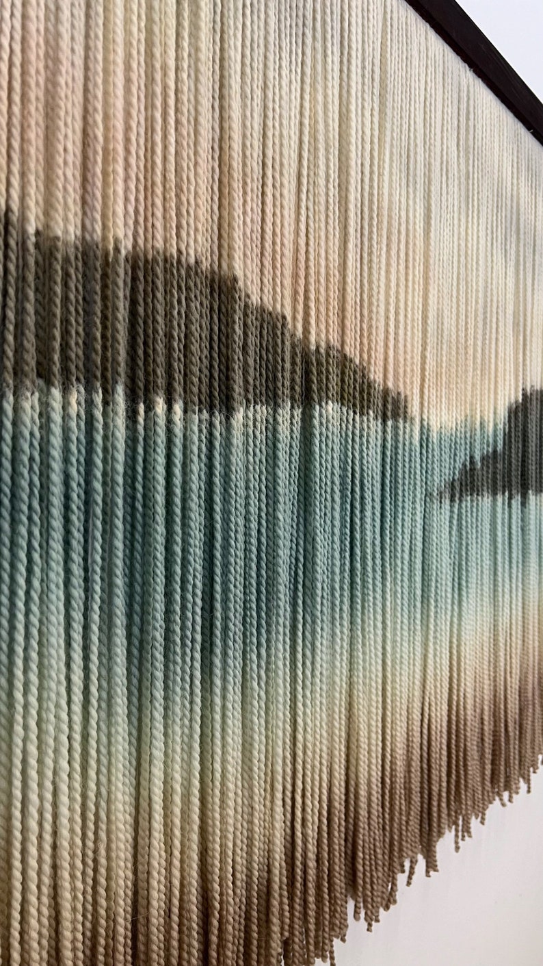 Dip dyed artwork, abstract mountain yarn art, fiber wall hanging, contemporary wall art, hand dyed tapestry, yarn decor, neutral decoration image 6