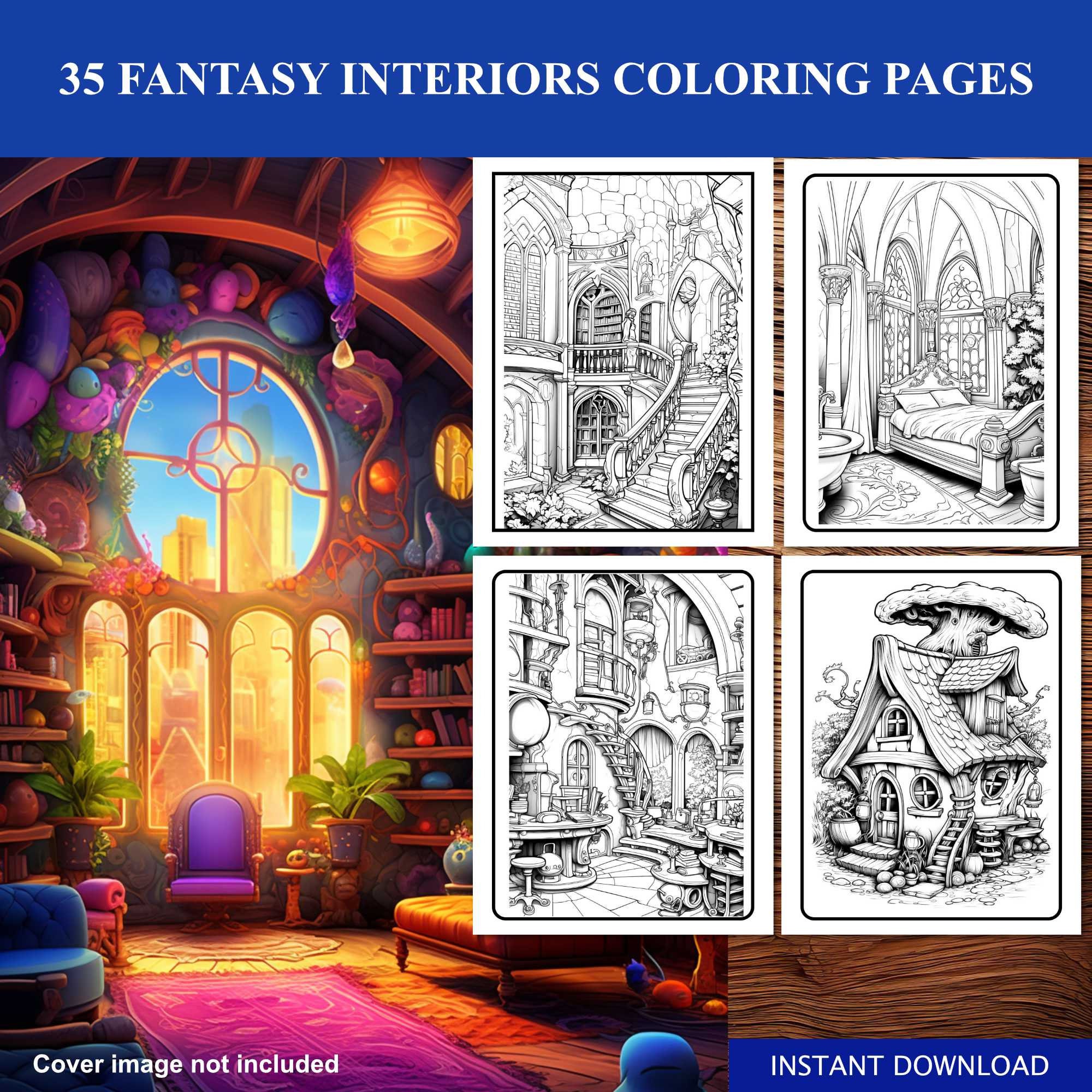 Fantasy Interiors Coloring Pages for Adults, 35 Whimsical Interiors and ...