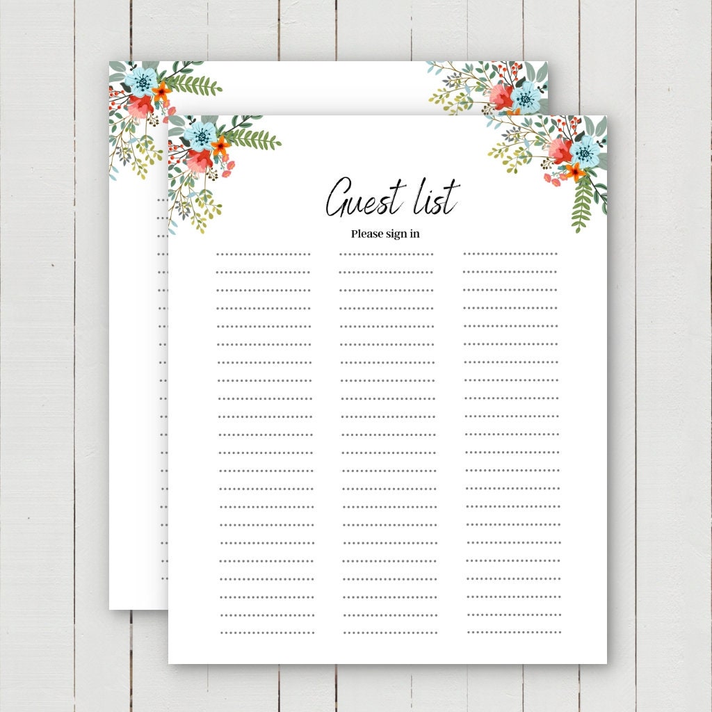 Printable Guest List, Guest List Printable, Wedding Guest List, Guest ...