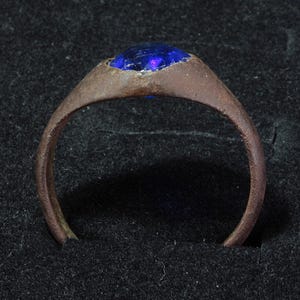 Authentic Bronze Medieval Ring with Blue stone. 16th - 18th centuries AD. Archaeological find.
