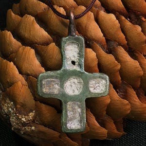 Rare authentic ancient bronze double-sided cross inlaid with enamels / Viking Age artifact 9th-13th centuries AD / Archaeological find