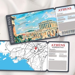 Plantilla de tarjeta de embarque editable para viajar a Atenas, boleto de avión imprimible, regalo de viaje personalizado, descarga de plantillas, tarjeta de embarque de cumpleaños