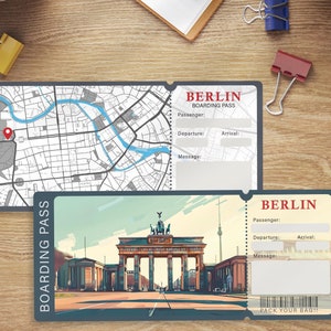 Plantilla de tarjeta de embarque editable para viajar a Berlín, billete de avión imprimible, regalo de viaje personalizado, descarga de plantillas, tarjeta de embarque de cumpleaños