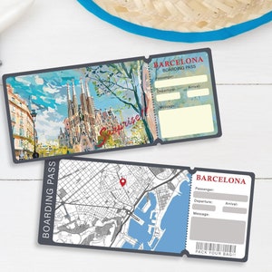 Plantilla de tarjeta de embarque editable para viajar a Barcelona, billete de avión imprimible, regalo de viaje personalizado, descarga de plantillas, tarjeta de embarque de cumpleaños