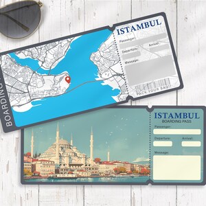 Plantilla de tarjeta de embarque editable para viajar a Estambul, boleto de avión imprimible, regalo de viaje personalizado, descarga de plantillas, tarjeta de embarque de cumpleaños