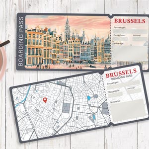 Modèle de carte d'embarquement modifiable Voyage à Bruxelles, billet d'avion imprimable, cadeau de voyage personnalisé, modèle à télécharger, embarquement d'anniversaire