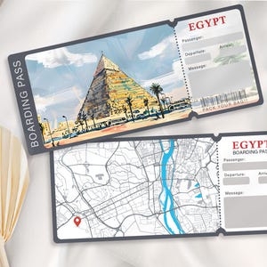 Plantilla de tarjeta de embarque editable para viajar a Egipto, boleto de avión imprimible, regalo de viaje personalizado, descarga de plantillas, tarjeta de embarque de cumpleaños