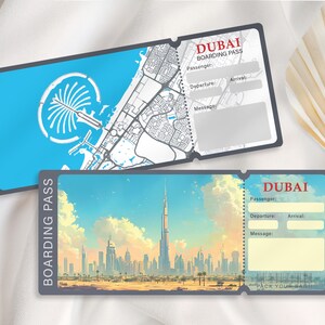 Plantilla de tarjeta de embarque editable para viajar a Dubái, boleto de avión imprimible, regalo de viaje personalizado, descarga de plantillas, tarjeta de embarque de cumpleaños