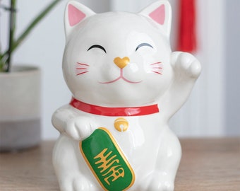 Waving Lucky Cat Money Box | Traditional Ceramic Good Fortune Gift | White Cat for Happiness, Purity and Positivity | Gift Boxed Present