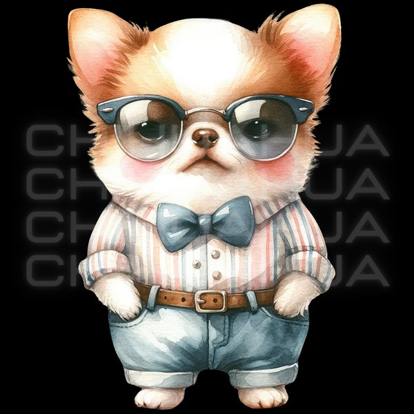 Cute Chihuahua Watercolor PNG - Hipster Dog with Sunglasses & Bow Tie, Fashionable Pet Clipart, Animal Printable, Dog Lover Gift Ideas