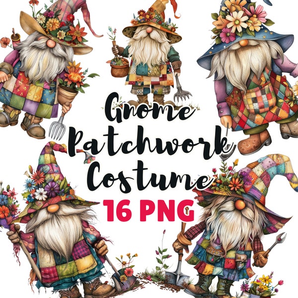 Gnome Patchwork Costume Gardening PNG, Watercolor Gnome Clipart, Flourish Gnome Wildflowers Hand Drawn Gnome Illustration, Floral Spring