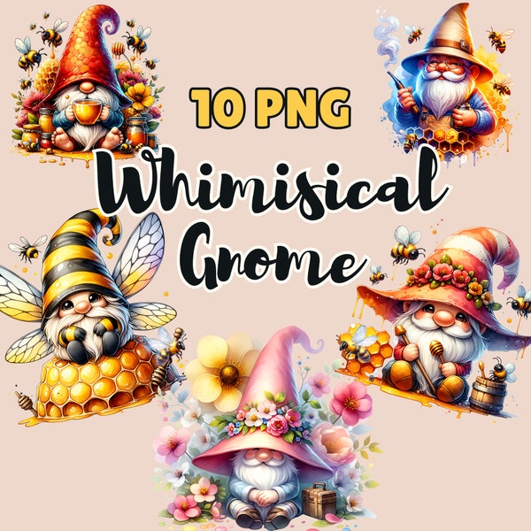 Whimsical Gnome Bee PNG, Honeycomb Garden Gnome Clipart, Fantasy Cute Gnome Beekeeping Lover Gift, Bumblebee Enchanted Forest Theme