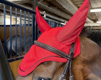 HORSE Riding FLY BONNET/Hat/Veil in Red with Red and Black Trim