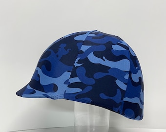 RIDING COVER in Blue Camo Dinosaur Print Lycra for your riding helmet