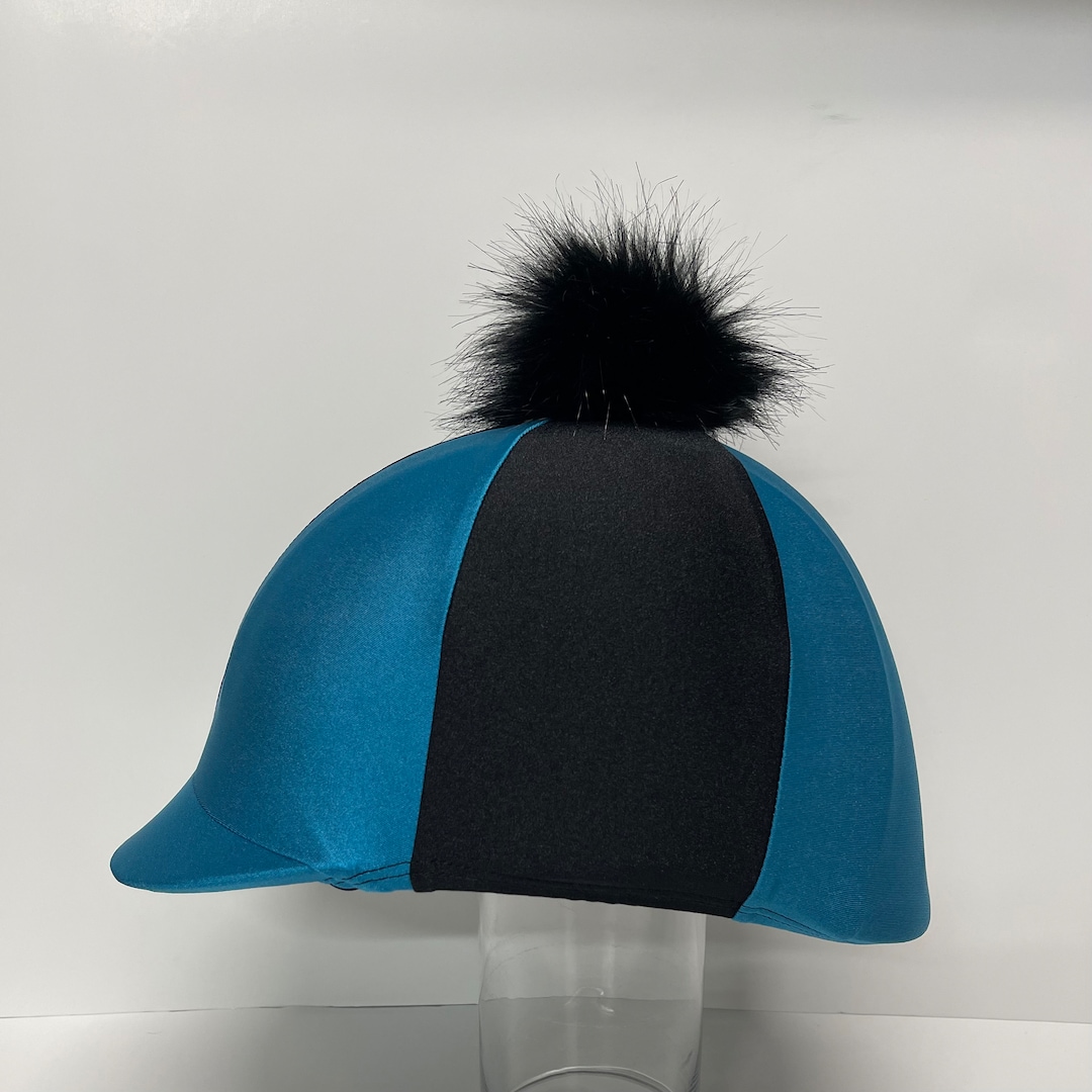 Pom Pom Horse RIDING Helmet/hat COVER in Black and Teal Lycra With a