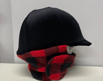 WINTER RIDING COVER for Your Helmet, Hat, Cap in Black Velvet with an Attached Red Buffalo Plaid Neck Wrap