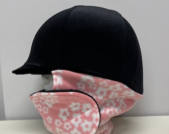 WINTER RIDING COVER for Your Helmet, Hat, Cap in Black Velvet with Attached Pink/White Floral Fleece Neck Wrap