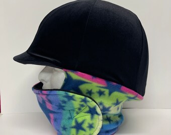 WINTER RIDING COVER for Your Helmet, Hat, Cap in Black Stretch Velvet With Attached Random Rainbow Star Print Fleece Neck Wrap