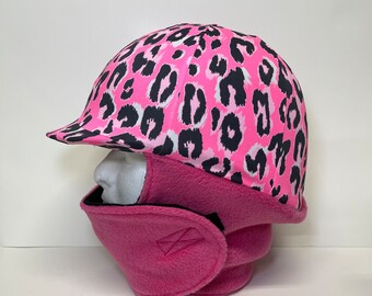 WINTER RIDING COVER in Pink Cheetah Print Lycra with a Pink/Black Fleece Neck Wrap for your riding helmet