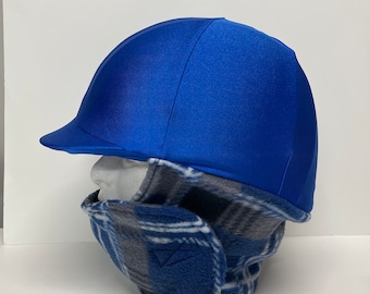 WINTER RIDING COVER for Your Helmet, Hat, Cap in Blue Lycra with a Blue Plaid Print Fleece Attached Neck Wrap