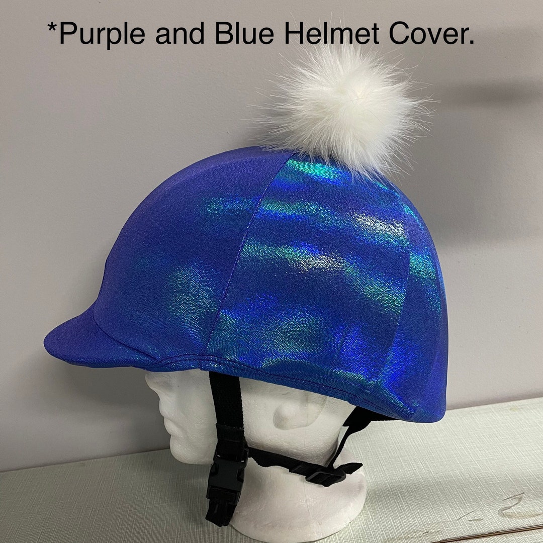 Pom Pom Horse RIDING Helmet/hat COVER in Purple and Blue Sparkle Lycra