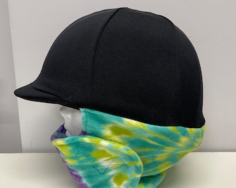 WINTER RIDING COVER for Your Helmet, Hat, Cap in Black Stretch Fleece With Attached Random Colour Tie Dye Patterned Plush Fleece Neck Wrap