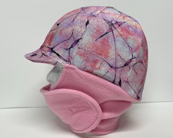 WINTER RIDING COVER in Pink Sparkle Print  Stretch Velvet With Attached Pink Fleece Neck Wrap For Your Riding Helmet