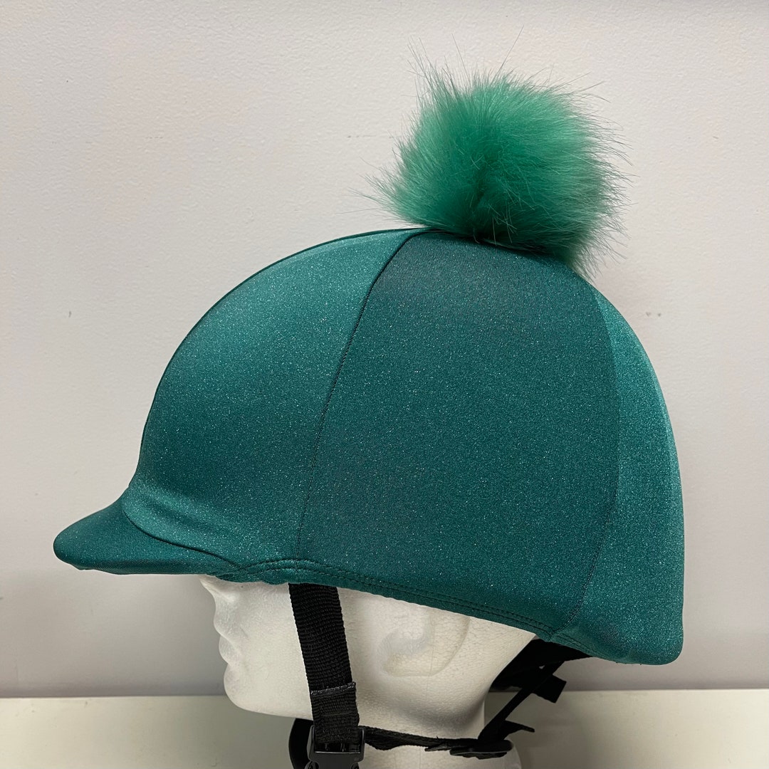 Pom Pom Horse RIDING Helmet/hat COVER in Green Sparkle Lycra With a