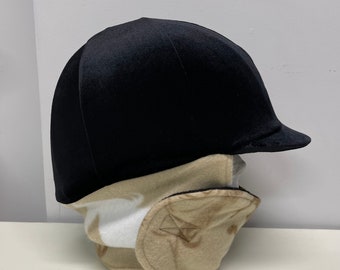 WINTER RIDING COVER for Your Helmet, Hat, Cap in Black Velvet with a Beige/Brown Horse Print Fleece Attached Neck Wrap