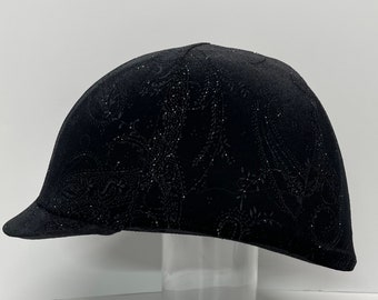 Horse RIDING COVER in Black Swirl Sparkle Patterned Velvet for your riding helmet