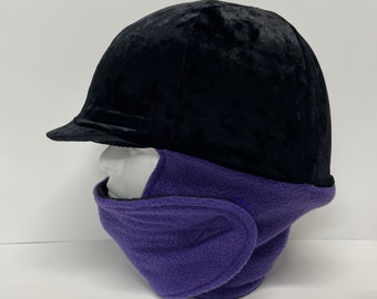 WINTER RIDING COVER in Black Crushed Stretch Velvet With Attached Purple Fleece Neck Wrap For Your Riding Helmet